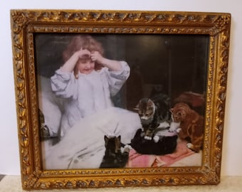 Artist Arthur John Elsley&#39;s &quot;Surprise&quot; Victorian Art Print with Gold Antiqued Wood Frame, Little Girl with Kittens in Her Bed, Vtg 1950s
