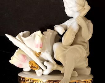 Antique Meissen Cherub Figurine Candy Bowl: 22K Gold, Pastel Flowers, Germany 1920s