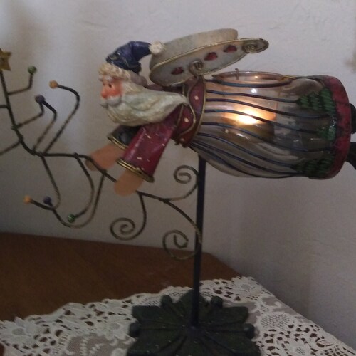 Flying Santa shops with Twiggy Christmas Tree Metal and Glass Tealight Holder, Vintage 1990s
