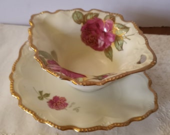 Antique PS Germany Handpainted Sorau Porcelain Bavarian Rose Gravy Bowl and Underplate, Beaded 22K Gold Scalloped Rim and Accents,1900- 1910