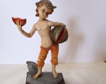 Rare Simonelli Depose, Italy, Pauper Boy Eating Watermelon, Resin Figurine Sculpture on Wood Base, 1960s