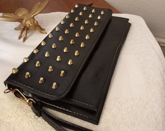 Lined Box Clutch Zipper Pouch Case Bag Black Pleather Bow Clutch with Gold Studs