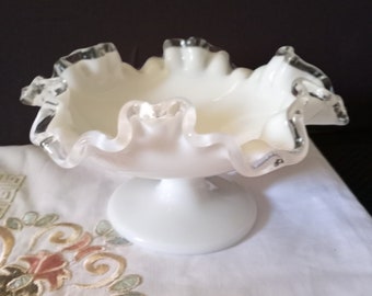 Vtg Midcentury Fenton Silver Crest Milk Glass Wavy Ruffled Edge Pedestal Bowl. Made in USA, 1950s -60s