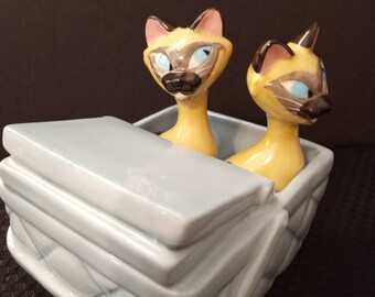 Rare! Disney Ceramic Si & Am Siamese Cats from Lady and the Tramp Movie, Salt and Pepper Shakers, in Blue Basket, Ltd Ed. of 350 Made, 1960s