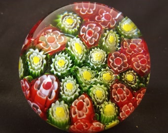 Vtg Handblown Art Glass Millefiori Canework Flower Design Paperweight Reds and Greens, Murano, Italy, 1980s