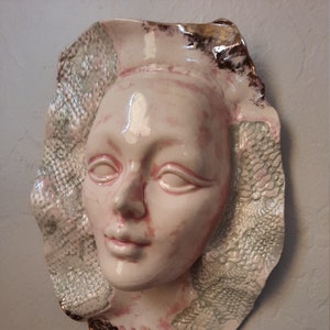 Handmade Clay Face Wall Sculpture: 22K Gold Accents, Signed Italian Art