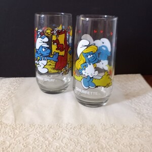 Vintage Original Smurfette and Handy Smurf Drinking Glasses, Highball Glasses, 1982- 1983
