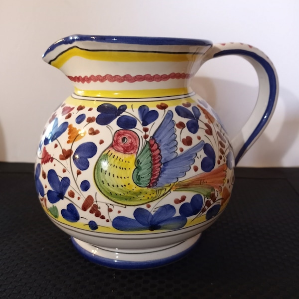 Vintage Classic Arabesco Blue Italian Deruta Majolica Pottery Pitcher, Bird and Flower Design, Made in Umbria, Italy, 1980s