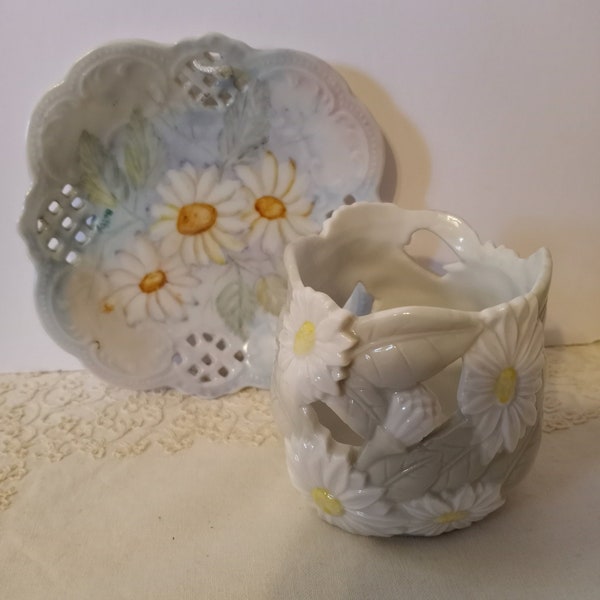 Curated Set of Porcelain Daisy Ceramics; Celadon Tealight Holder, & Antique Handpainted Pierced Daisy Plate, Trinket Dish, Vtg. 1920s -80s