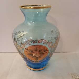 Vecchia Murano Glass Vase, Two Shades of Blue, 22K Gold Scrollwork and Accents, Applied Flower, Midcentury, 1960s-70s, 5&quot; Tall