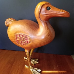 Handcarved Teak Wood Dodo Bird Sculpture: Gold Gilded Legs, 1980s