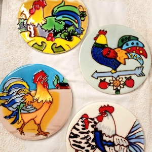 Vintage Ceramic Chicken & Rooster Wall Art: Farmhouse Kitchen Decor, Set of 4
