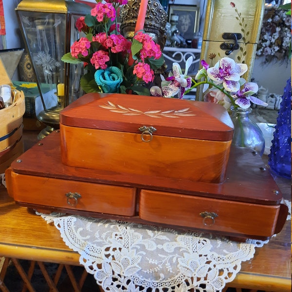 Antique Cedar Dresser-Top Box with Decorative Laurel Design Handcarved Top Box, Two Drawers, Red Felt Lined, Ornate Little Brass Pulls, 1910