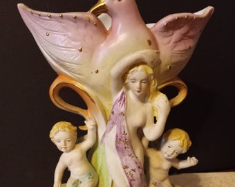 Antique Art Nouveau Victorian Bisque Porcelain Vase, Nymph & 2 Cherubs, Bird with Extended Wings, Unmarked, Germany, 1880s -1920s