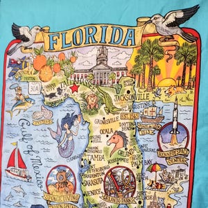 Paño de cocina vintage 100 % algodón con mapa turístico de Florida, recuerdo de pared, Florida, Golfo de México, 73 cm de alto x 45 cm de ancho, fabricado en India en la década de 1990.