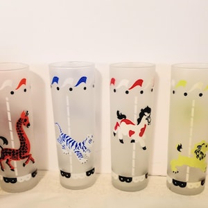 Vintage Libbey Frosted Highball Glasses: Carousel Animals, Set of 4