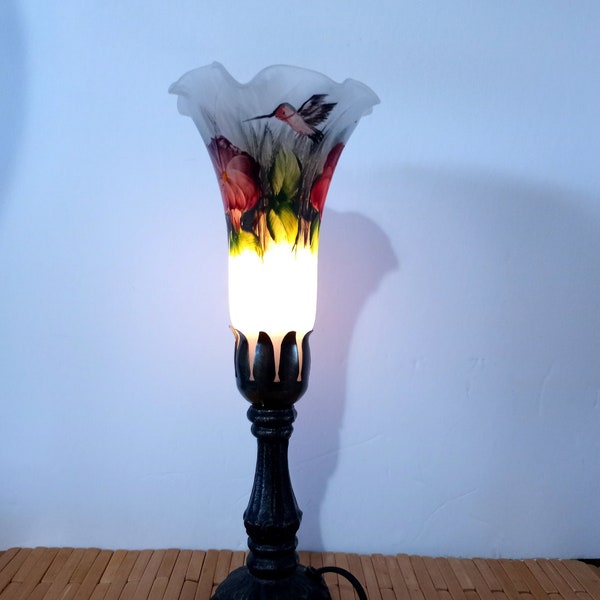 Vtg Handpainted Lily Lamp, with Red Flowers & Hummingbird on Single Frosted Glass Lily Shade, Brass Alloy Base, 12" Tall, 1980s - 90s