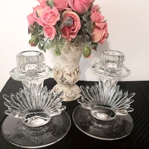 Vtg Fostoria Pair/2 Art Deco Era Flame Clear Collection Clear Crystal Glass Sunburst Design Candlestick Holders, Made in USA, 1930s, Perfect