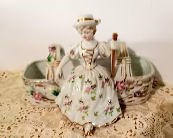 Victorian Style Porcelain Lady Planter, Vanity Decor, Handpainted Florals, 22K Gold Accents
