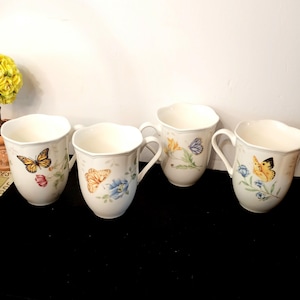 Vtg Set /4 Lenox Monarch Fine Porcelain Butterfly Mugs, Cups, 4 Designs, Scalloped Rims, 1990s -