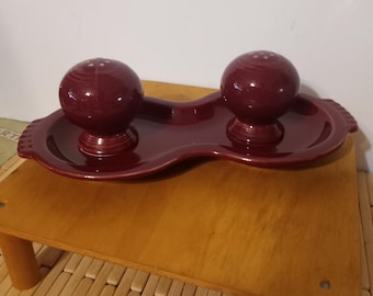 Vintage Fiesta Ceramic Cinnabar Color Salt & Pepper Shakers with Tray