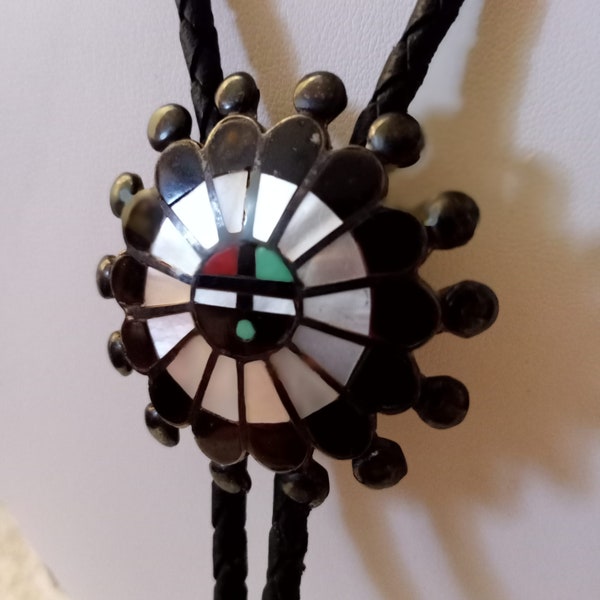 Vtg Zuni Sun Face Bolo Tie, Sterling  Silver, Black Onyx, Mother of Pearl, Turquoise, Red Coral, on Black Leather, Inlaid Stone Tips, 1960