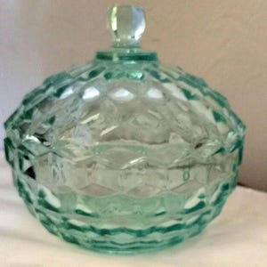 Indiana Glass Whitehall Aquamarine Cubist Lidded Candy Dish, 1980s