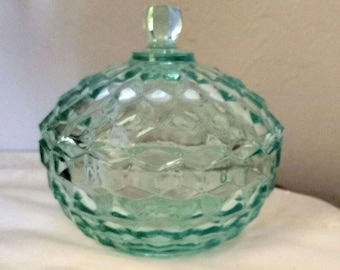 Indiana Glass Whitehall Aquamarine Cubist Lidded Candy Dish, 1980s
