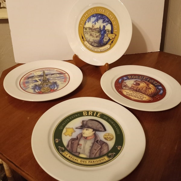 Vintage Restoration Hardware, Set of Four French Cheese Plates, Roquefort, Brie, Camembert, and Fromage de Chevre,  2002