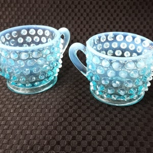 Vtg Midcentury Fenton Blue Opalescent Hobnail Small Creamer and Open Sugar, 1950s -60s