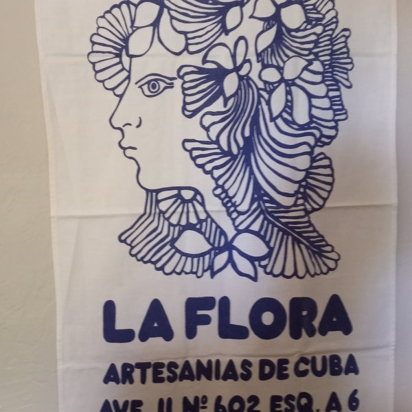 Afiche original de la Feria de Artes y Oficios, La Flora, Serigrafiado sobre Tela, Azul sobre Fondo Blanco, Vintage 1970s, 36" Largo, 21" Ancho