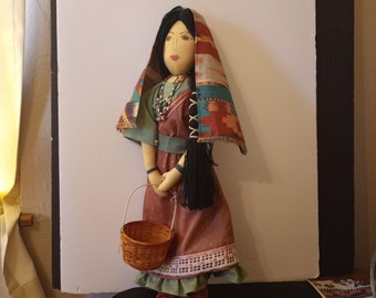 Vintage Navajo Art Doll, Sterling Turquoise Bracelets, Hand-Beaded, 23"