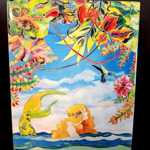 Abaco Mermaid by Artist Marjolein Scott Art Tile Mounted on Easel Frame Back, Discontinued Edition Scarce 8" Tall 6" Wide Abaco Island 1980s