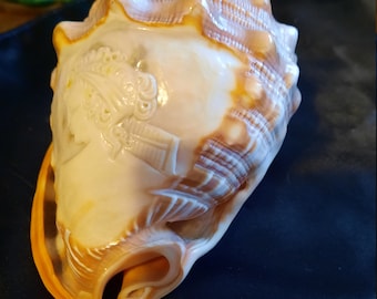 Vintage Cameo Seashell Art Object, Ornament, Handcarved on Reticulated Cowry Shell, Vanity Decor, Beach House Decor, Made in Italy, 1980s