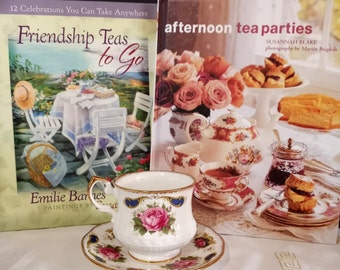 Curated Set of Vtg Queen's Bone China Teacup & Saucer, Rosina China Co., England 1930s -40s; Two Tea Party Books, See Description for Titles