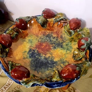 Vtg Handmade 13&quot; Majolica Pottery Serving Tray Dessert Plate, Hand Molded Strawberries & Leaves Pierced Edges, Made in Italy? Unmarked 1970s