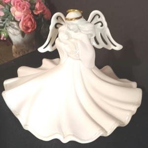 Vtg Spirituelle by Enesco, &quot;Life&quot;, Fine Porcelain Angel in Round Full Skirt Holding a Baby, 22K Gold Accents, Pierced Cut-out Wings, 2002