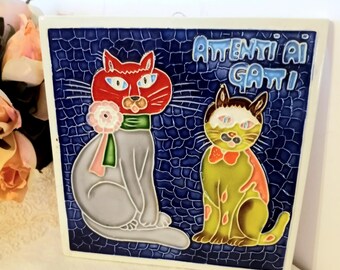 Vintage Italian Ceramic Wall Tile, Orange Cat, Attenti Ai Gatti, Italy, 1990s