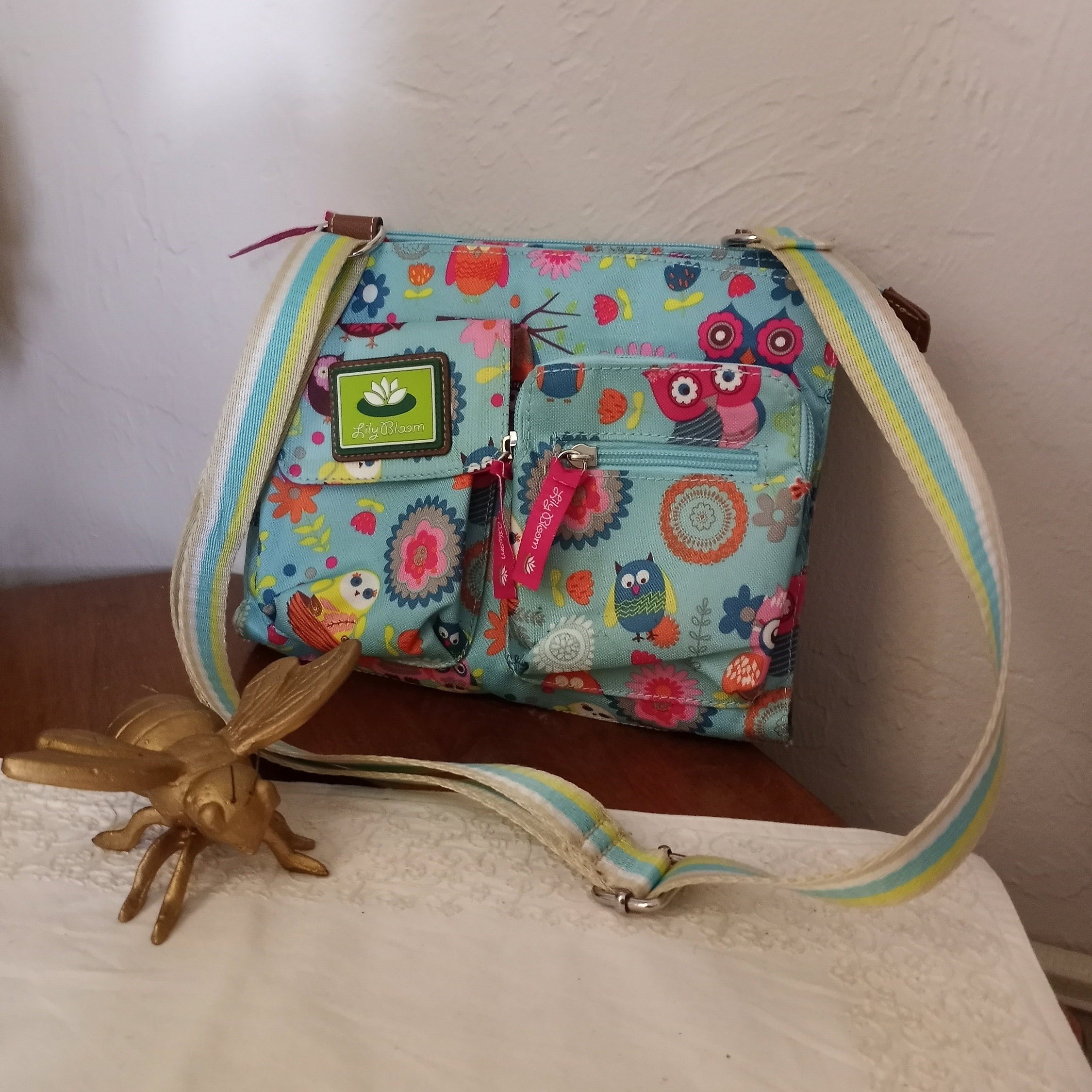Lily Bloom Owl and Flowers Canvas Broadcloth Shoulderbag Purse With Zipper Pockets and Canvas Stripe Adjustible Strap Vtg Before 2002 Etsy