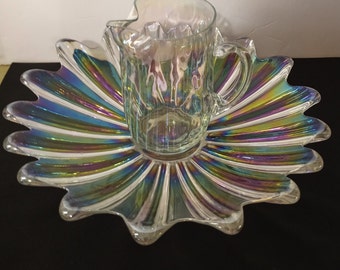 Midcentury Iridescent Glass Bowl and Pitcher Set: Federal Celestial Style