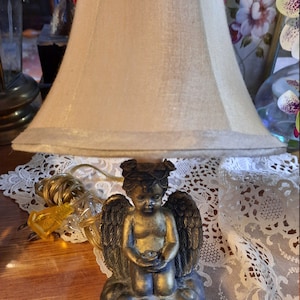 Vintage Cherub Angel Night Lamp: Gold Chalkware Ceramic with Silk Shade