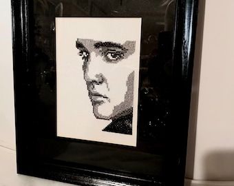 Vtg Handmade Counted Crossstitch Needlepoint Elvis in Black Painted Wood Frame with Glass Cover, Marked by Artist, Betty Near, 1970s-80s