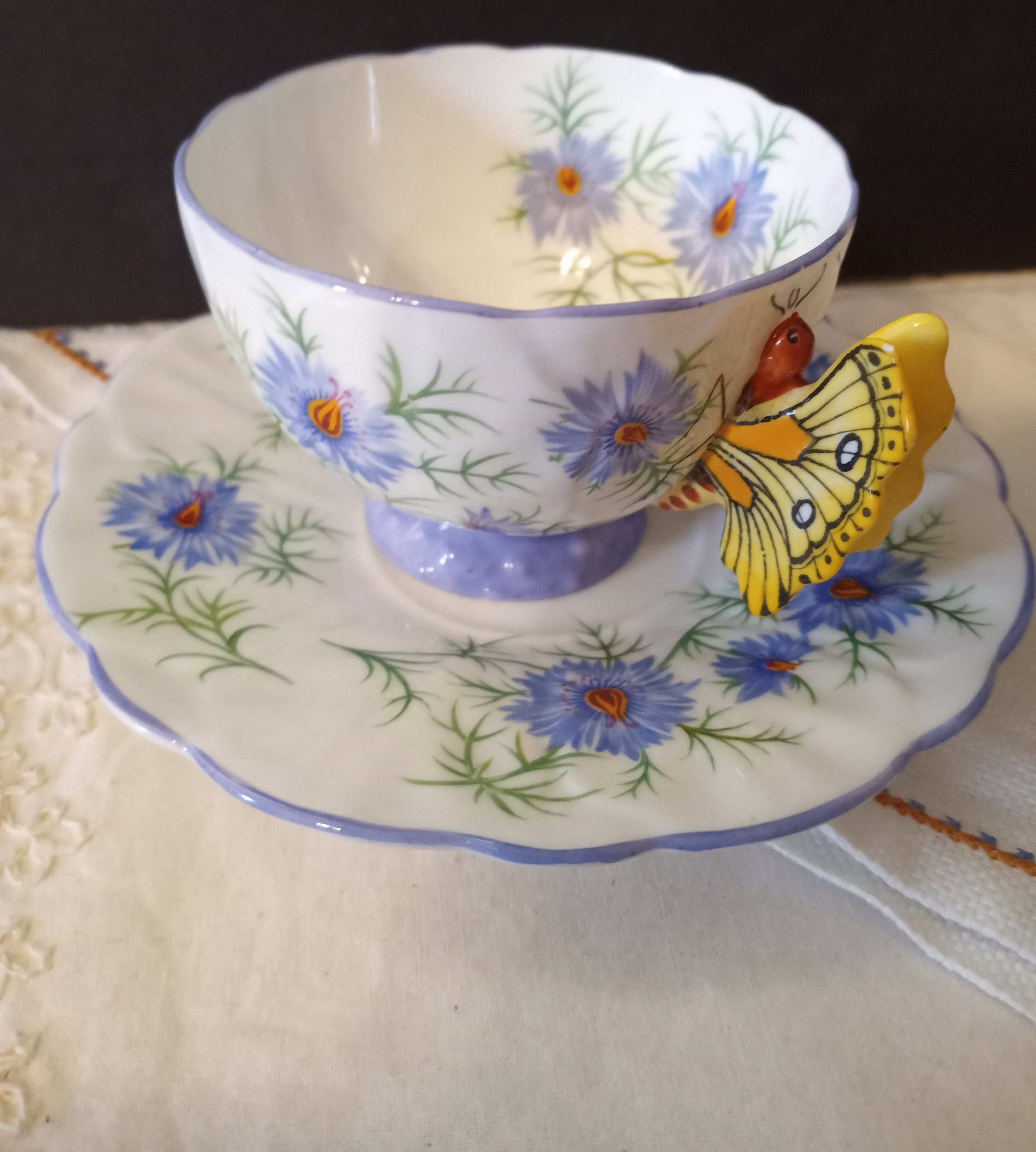 Rare Antique Aynsley Butterfly Handle Teacup With Cornflower Etsy