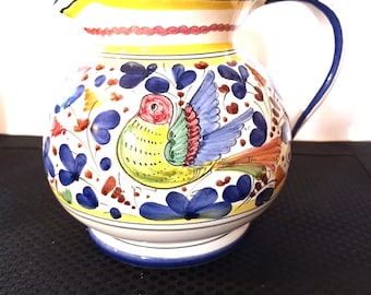 Vintage Deruta Majolica Pitcher: Arabesco Bird & Flower Italian Pottery