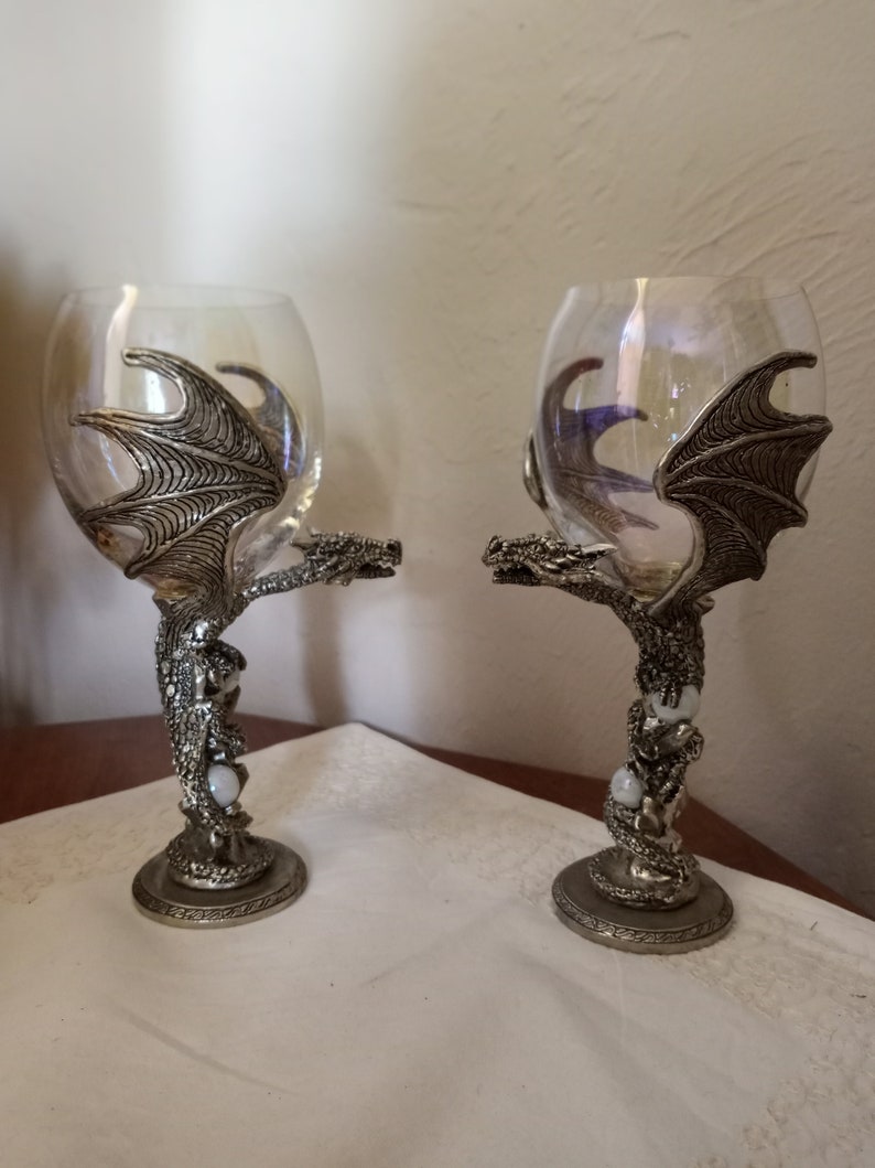 Pewter Dragon Fantasy Figural Wine Glasses Two Dragons Hold Etsy