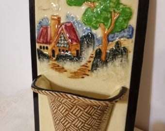 Vintage Japanese Ceramic Wall Pocket Vase: Mid-Century Embossed Landscape, Basket Holds Plants