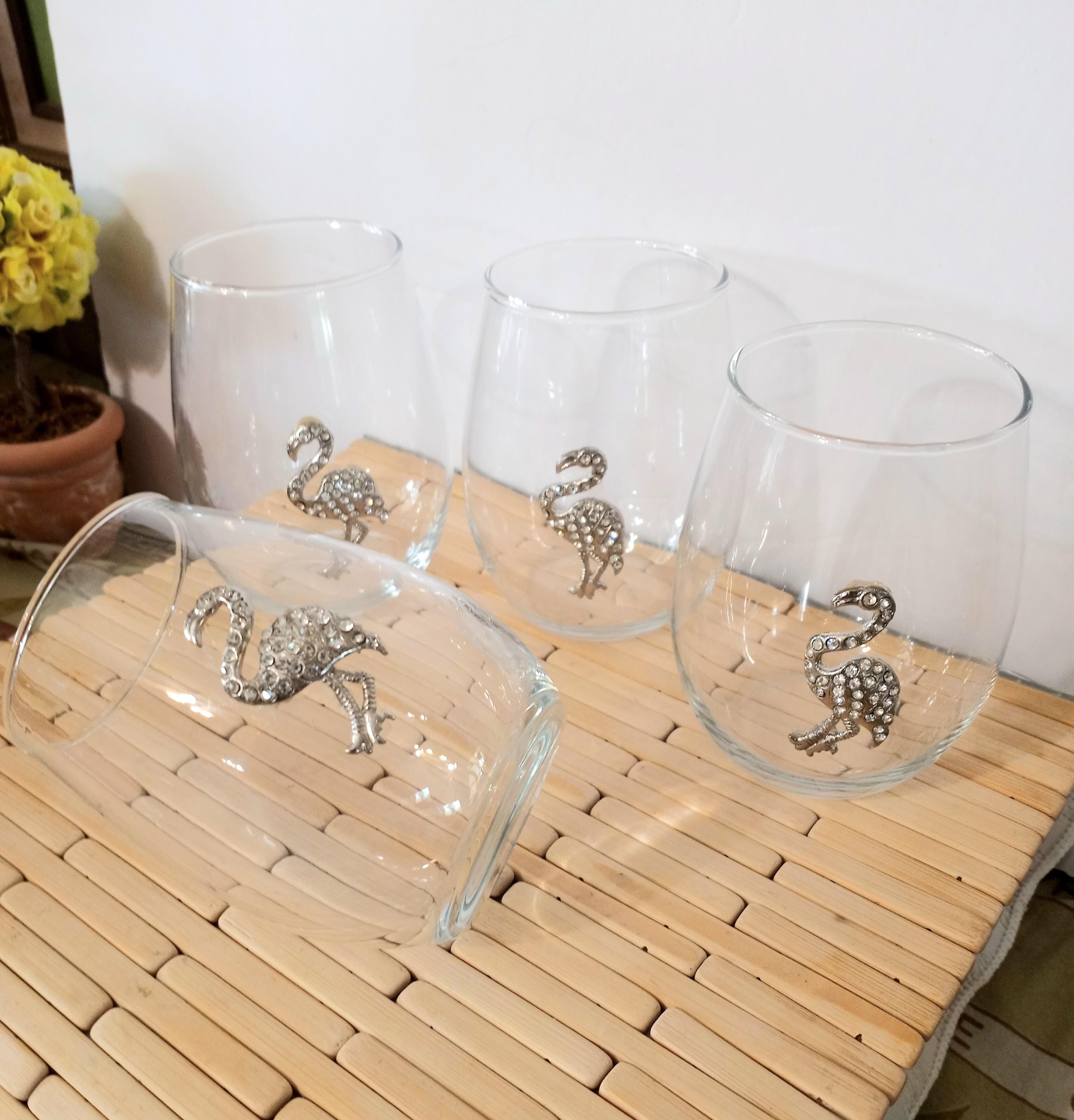 Vintage Rhinestone Flamingo Stemless Wine Glasses: 1990s Cocktail Set