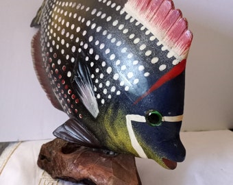 Vintage Hand-Carved Wood Reef Fish Sculpture on Driftwood Base