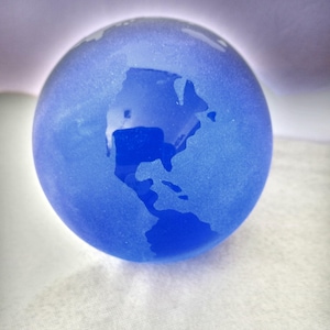 Vintage Cobalt Blue Etched Glass Globe Paperweight - 1990s