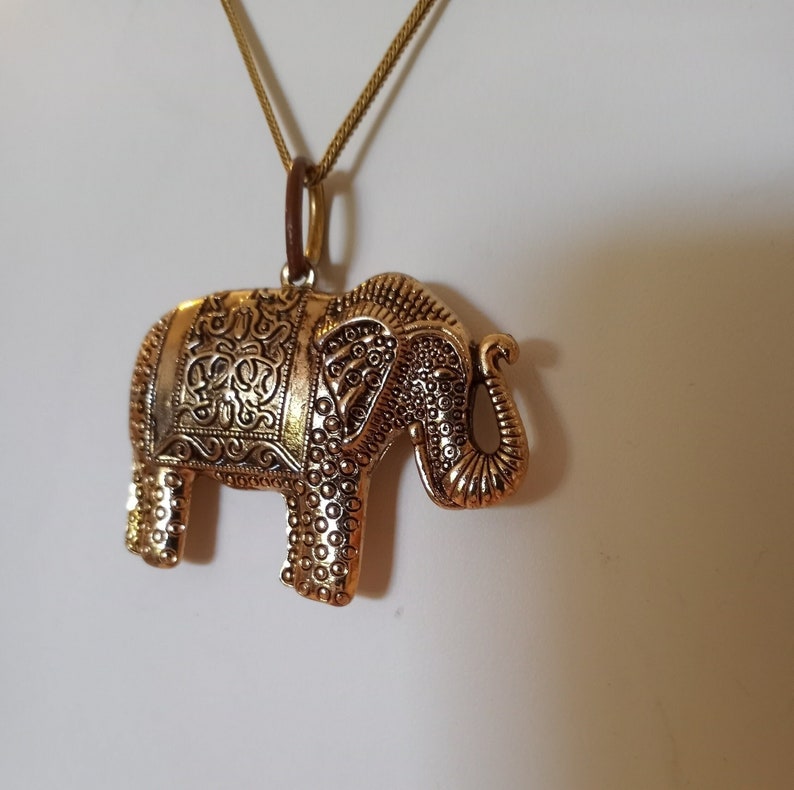 Thai Elephant Pendant Necklace, Goldfill & Goldtone Filigree Style Detail, Long 27 Goldfill Chain, Artisan Made in Thailand, 1980s Chain, image 1